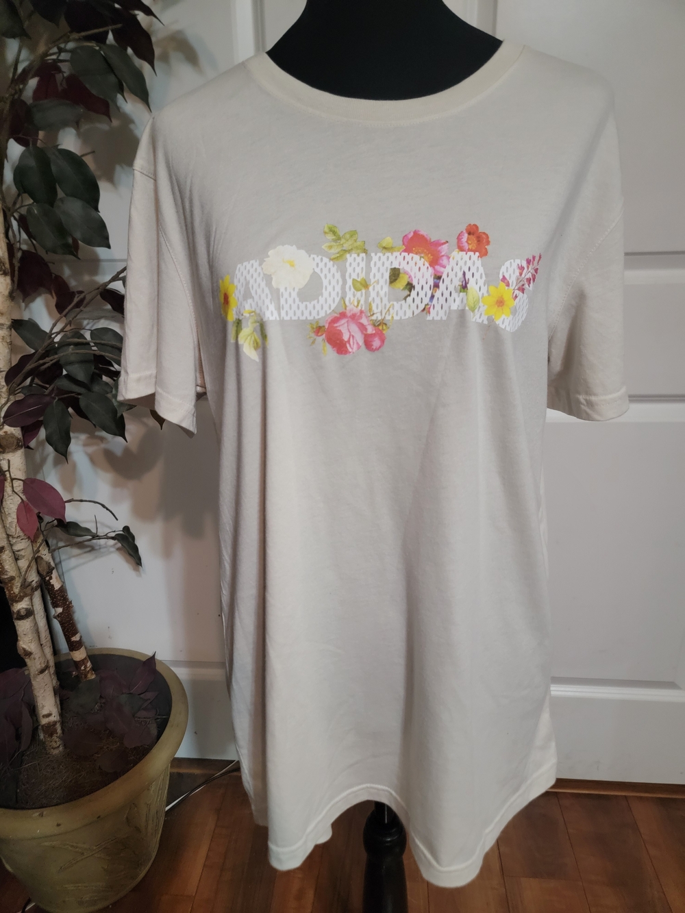 adidas Cream Short Sleeve Tee with Floral Logo Detail